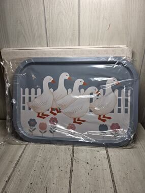 Vtg Goose Duck Metal Serving Tray Flowers Farmhouse Cottagecore Heritage 16 x 11